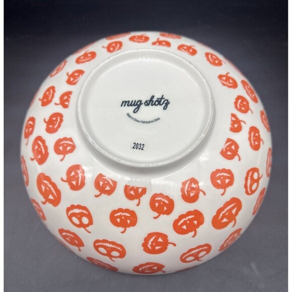 MugShotz Stoneware Orange White PUMPKIN Jack O Lantern Footed Serving Bowl 10” - Picture 5 of 7